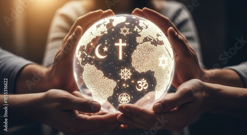 Diverse hands gently hold a brilliant world globe adorned with sacred spiritual symbols. Global faiths unite, promoting peace, understanding, and universal harmony among all beliefs.