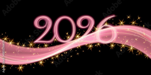 Shimmering ribbon sweeps across scene while bright numerals glow above sparkling details.