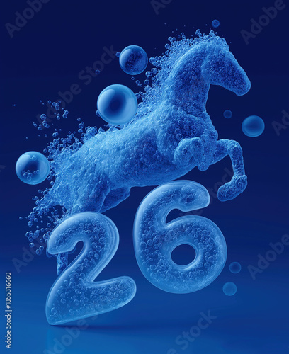 Galloping bubble stallion surges upward beside inflated watery numerals.