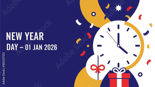 Vibrant New Year celebration with clock striking midnight on January 1st 2026