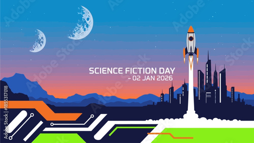 Science fiction cityscape with rocket launching into starry night sky