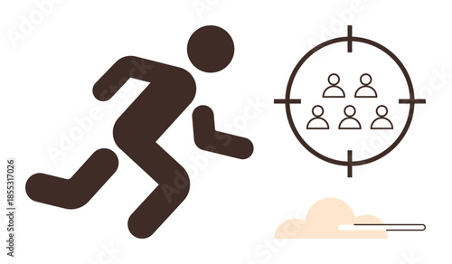 Person in motion moving toward a target with grouped people in a focus scope. Ideal for goal setting, marketing strategy, sports motivation, audience targeting, determination, leadership, simple flat