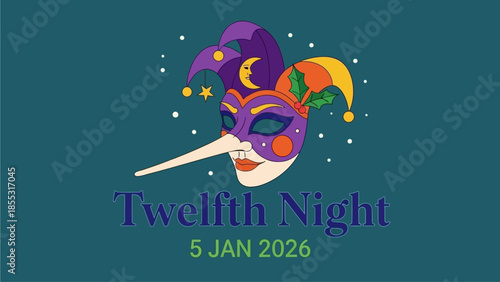 Vibrant Twelfth Night mask with colorful jester's hat and festive design