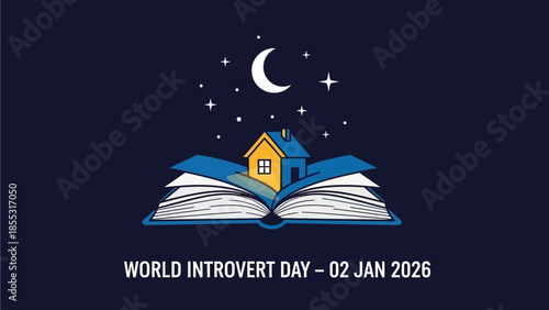 Cozy home nestled in an open book under starry night sky with crescent moon on World Introvert Day