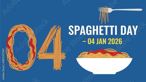 Spaghetti Day celebration with pasta bowl and fork on blue background