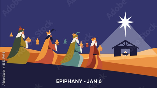 Three wise men following the star to the manger on Epiphany