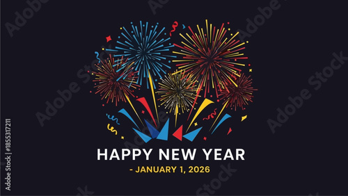 Vibrant fireworks display celebrating Happy New Year on January 1, 2026