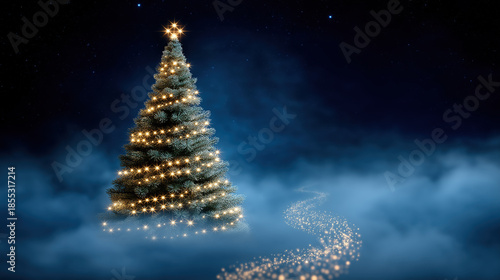 Illuminated evergreen rises from mist while shimmering pathway leads toward horizon.