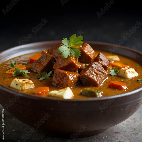 Rich steaming bowl of thick curry with fresh vegetables and herbs