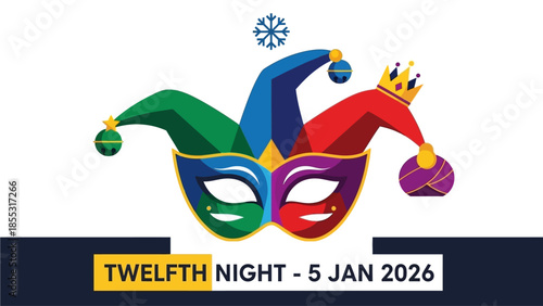 Vibrant jester masks for Twelfth Night celebration on January 5, 2026