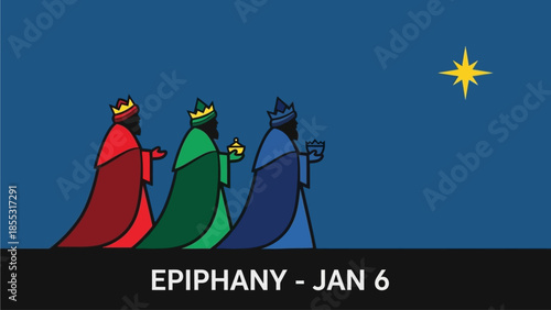 Three wise men following the star of Bethlehem on Epiphany night