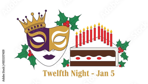 Vibrant Twelfth Night celebration with mask and cake