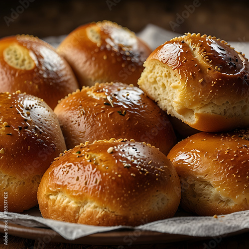 Freshly baked dinner rolls stacked on a wooden platter