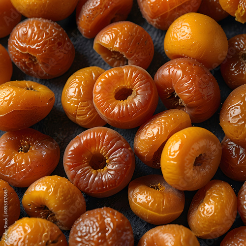 Plump dried apricots displayed in a closeup arrangement for snacking