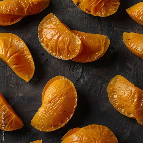 Dried mango slices perfectly arranged on a dark textured surface