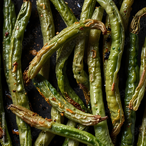 Delicious dry fried green beans served on a dark plate