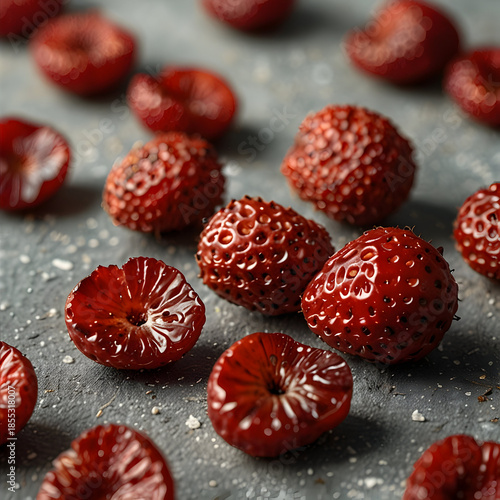 Vibrant dried strawberries in a rustic setting