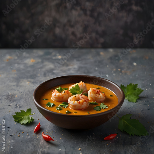 Prawn malai curry in a bowl with garnishes and spices