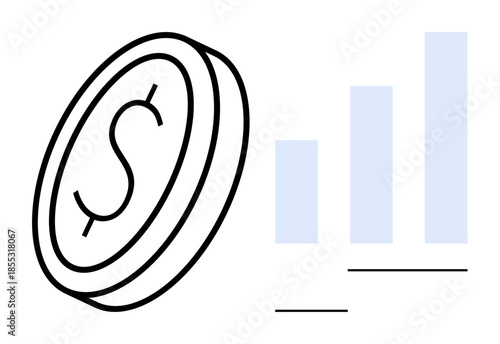 Financial growth. Illustration displaying a dollar coin alongside an escalating bar graph indicating economic trends. Financial growth, success, and investment insights. Ideal for finance, business