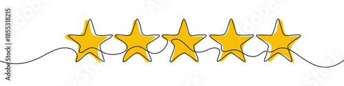 Five stars in one line art style. Drawing of five yellow stars representing a rating, with black editable stroke