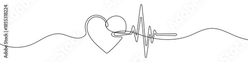 Heart and pulse line in one line art style. Drawing of a heart transitioning into a heartbeat graph, with black editable stroke