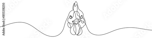 Chicken head in one line art style. Drawing of a rooster or hen, with black editable stroke