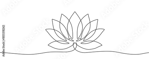 Lotus flower in one line art style. Drawing of a lotus, with editable black stroke