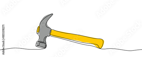 Hammer in one line art style. Drawing of a claw hammer with a yellow handle, with editable black stroke and color