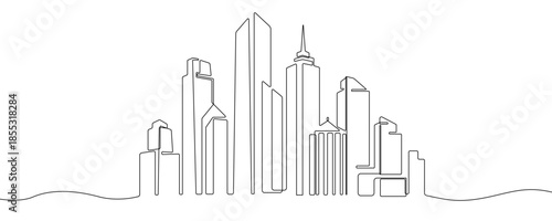City Skyline in one line art style. Drawing of a silhouette of skyscrapers and tall buildings, with black editable stroke