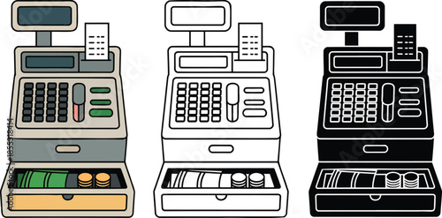 Cash register silhouette & Outline and illustration set isolated on transparent background