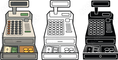 Cash register silhouette & Outline and illustration set isolated on transparent background