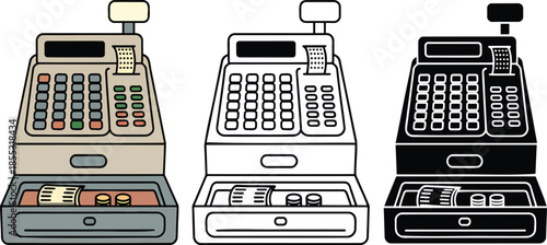 Cash register silhouette & Outline and illustration set isolated on transparent background
