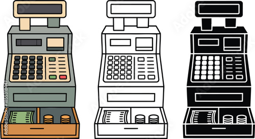 Cash register silhouette & Outline and illustration set isolated on transparent background
