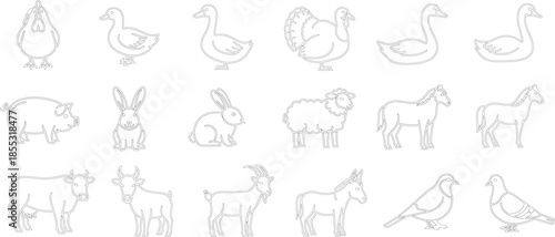 Line art illustration depicting various farm and domestic animals in a collection
