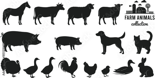 A collection of diverse farm animal silhouettes in a black and white style