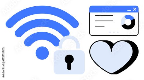Online security, wireless communication, data analytics, privacy, internet connection, personal data storage. wireless symbol, padlock chart window and heart. Online security and wireless