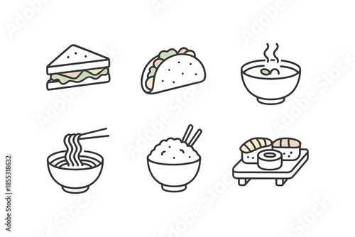 Minimalist icon set featuring popular global dishes in simple outline style