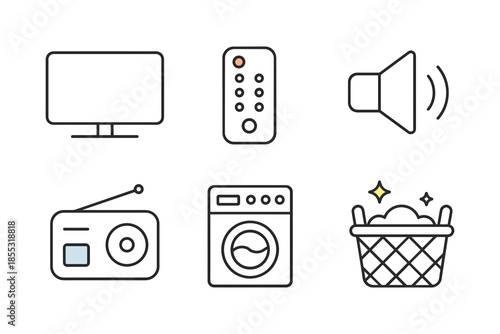 Minimalist home appliance icons featuring television, remote, and speaker symbols