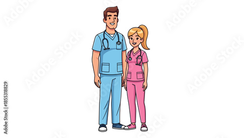 Couple standing together in a medical setting, viewed from the front