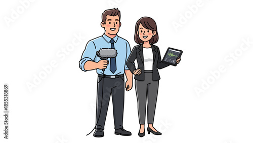 Professional couple working together with modern technology in a business environment from a straightforward viewpoint