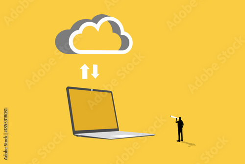 Businessman looking data for download and uploading files. concept of transferred documents to server, copy files, data exchange, backup, saving document in storage, digital data