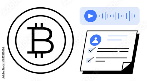 Bitcoin currency symbol with a checklist containing user info, checkmarks, and an audio playback wave. Ideal for cryptocurrency, finance, digital identity, blockchain, tech integration, payment