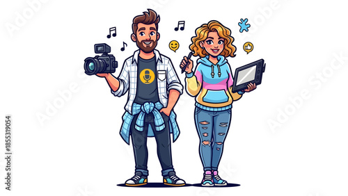 Couple working together on creative project with camera and tablet standing side by side