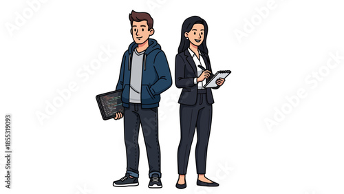 Professional couple standing together with modern devices in a workplace setting