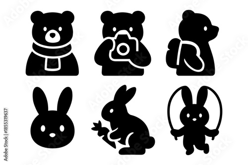 Cute animal silhouettes: bears and bunnies in playful poses