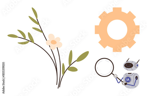 Robot analyzing details using magnifying glass near a flowering plant and gear, representing nature and technology. Ideal for AI research, environment, botany, science, innovation, discovery, simple
