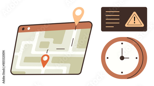 Map interface with route pins, alert panel with hazard warning, and analog clock. Ideal for logistics, navigation, scheduling, alerts, safety, time management and travel a simple flat metaphor