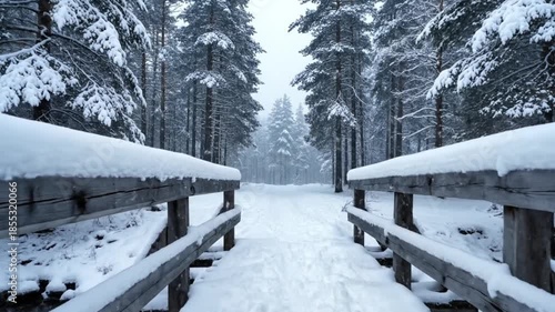 a snow-covered bridge leading a quiet winter forest