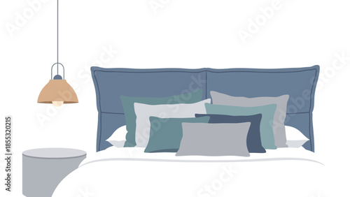 Elegant bedroom interior with cushioned headboard and modern lighting