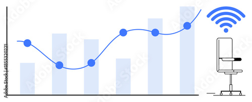 Data analysis, business growth, economy, wireless technology, corporate office trends, remote work. A rising bar graph with a line chart and wireless icon beside a chair. Business growth and digital